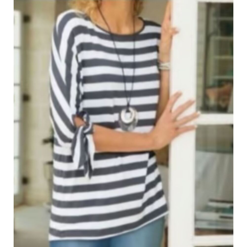 Soft Surroundings Adrift Top Women Medium Gray White Stripe Sleeve Casual Tunic